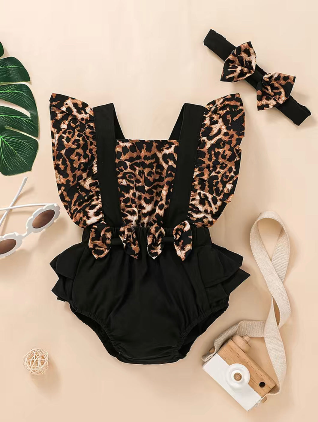 Leopard Print/Black Romper Set